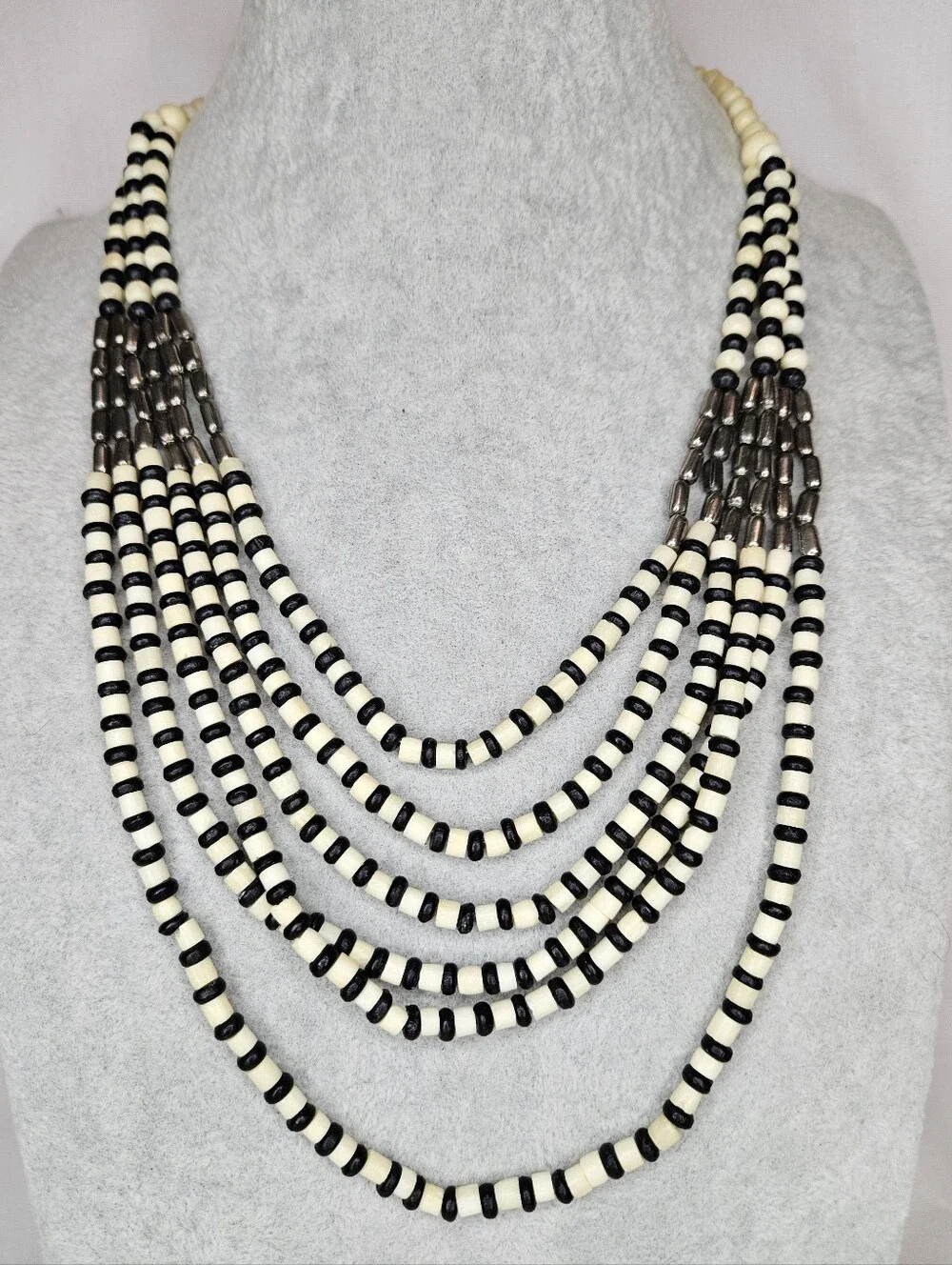 Vintage Multi Strand Black Cream Beaded Statement Necklace Tribal Boho 17-24